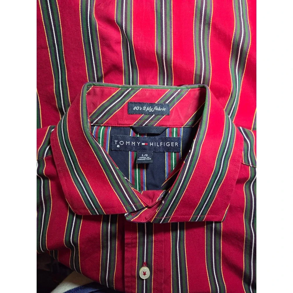 Tommy Hilfiger Mens Large Red Striped 80s 2-Ply Cotton Button Down Shirt L/G